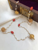 Rice pearl mala with gold polish beads and coral style beads-Silver Neckpiece-PL-House of Taamara