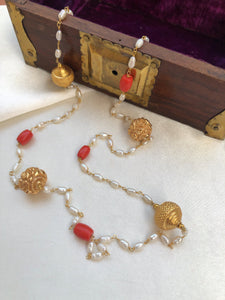 Rice pearl mala with gold polish beads and coral style beads-Silver Neckpiece-PL-House of Taamara