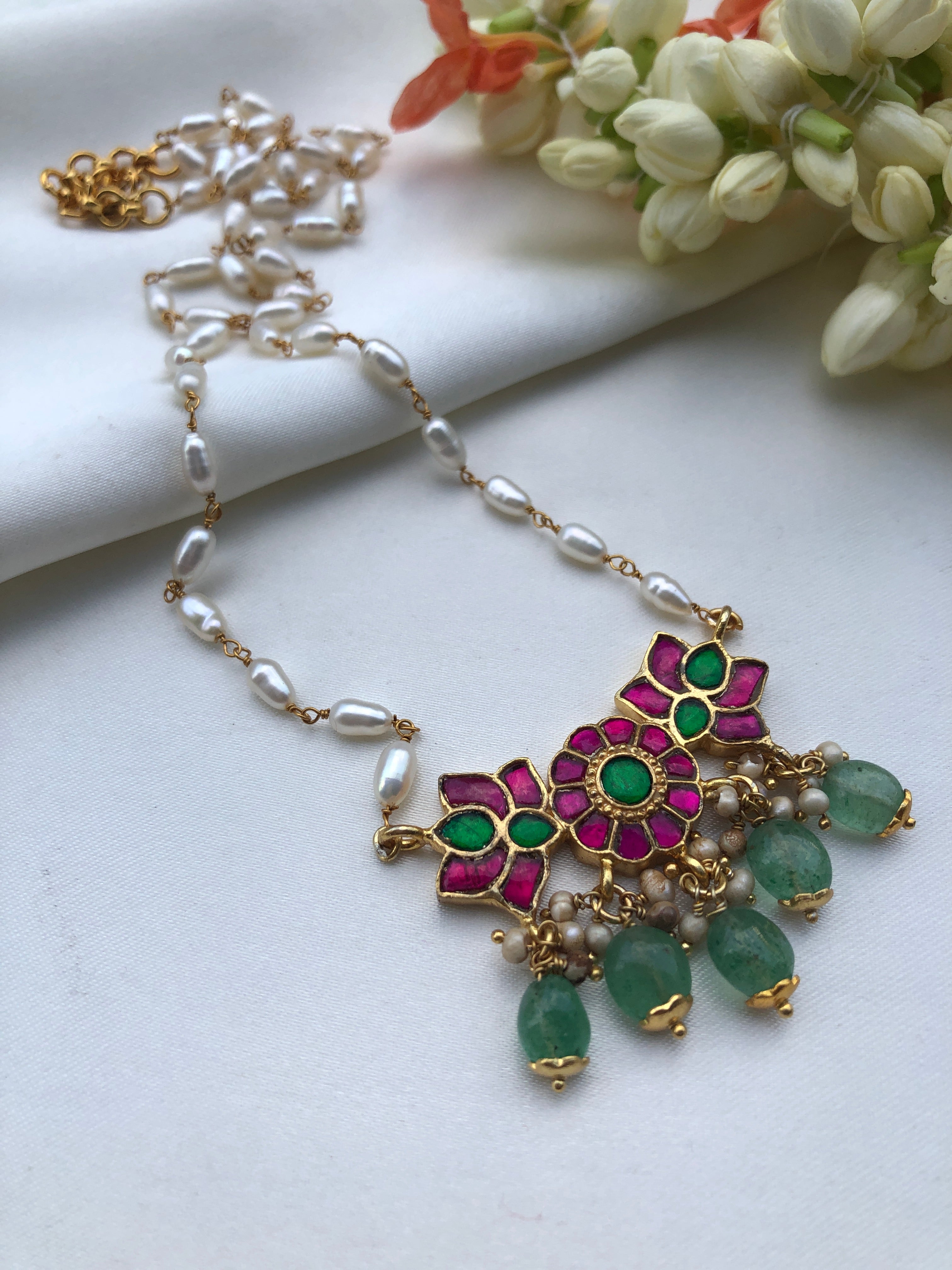 Rice pearl mala with kundan ruby and green beads pendant-Silver Neckpiece-PL-House of Taamara