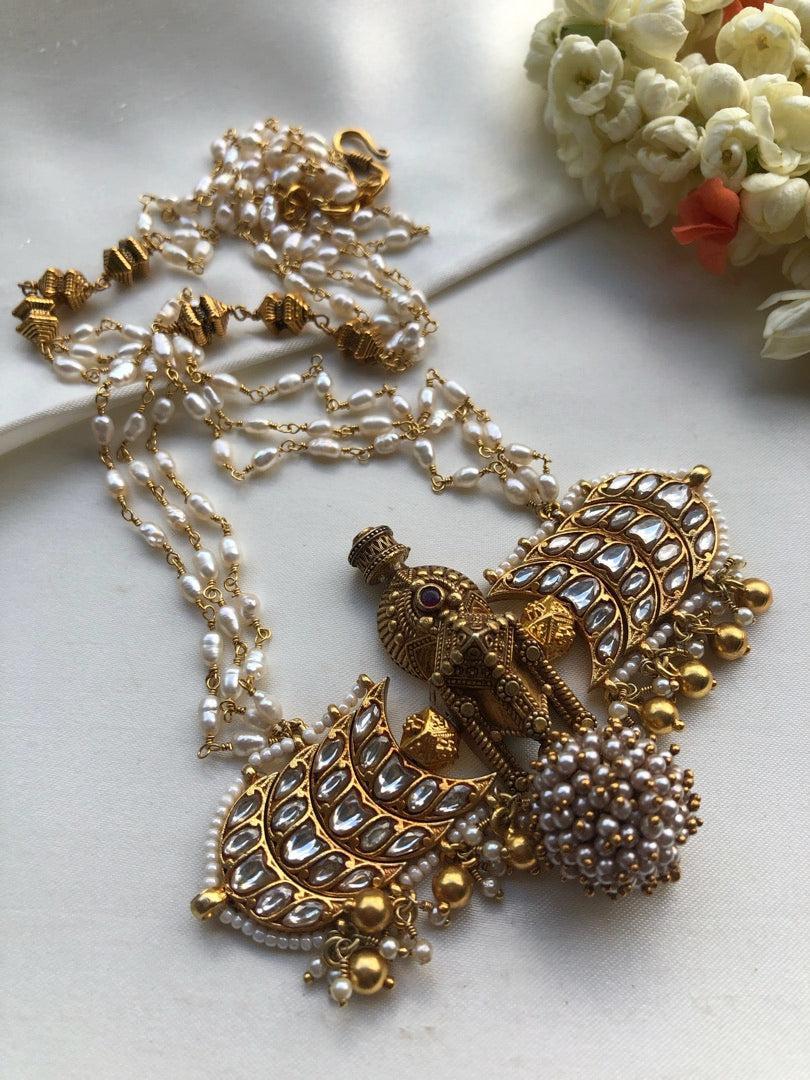 Rice pearl mala with kundan & taali pendant-Silver Neckpiece-pl-House of Taamara