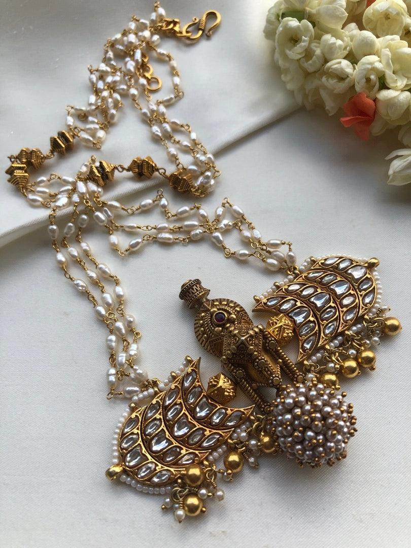 Rice pearl mala with kundan & taali pendant-Silver Neckpiece-pl-House of Taamara