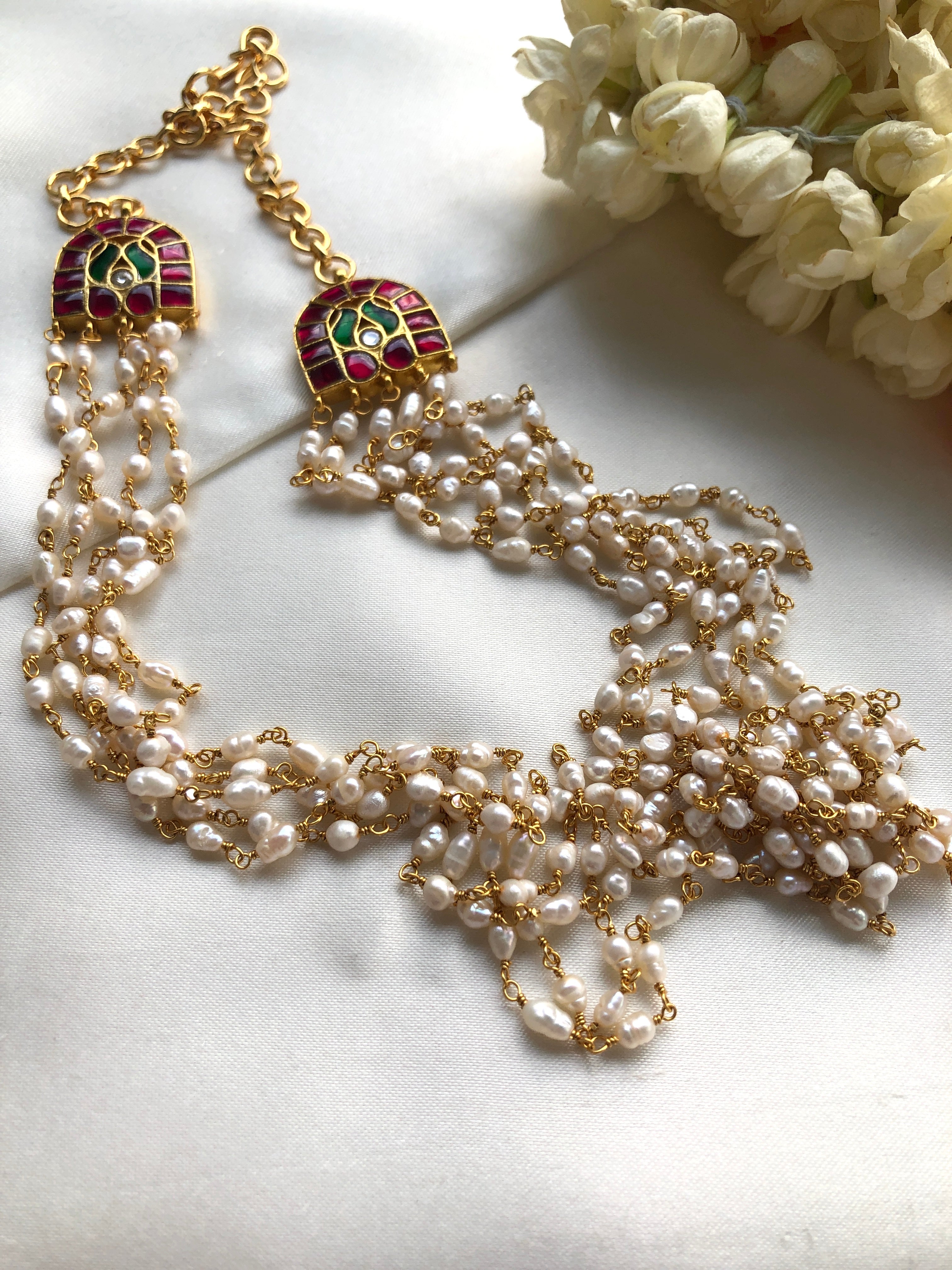 Rice pearls long mala with kundan motifs-Silver Neckpiece-PL-House of Taamara