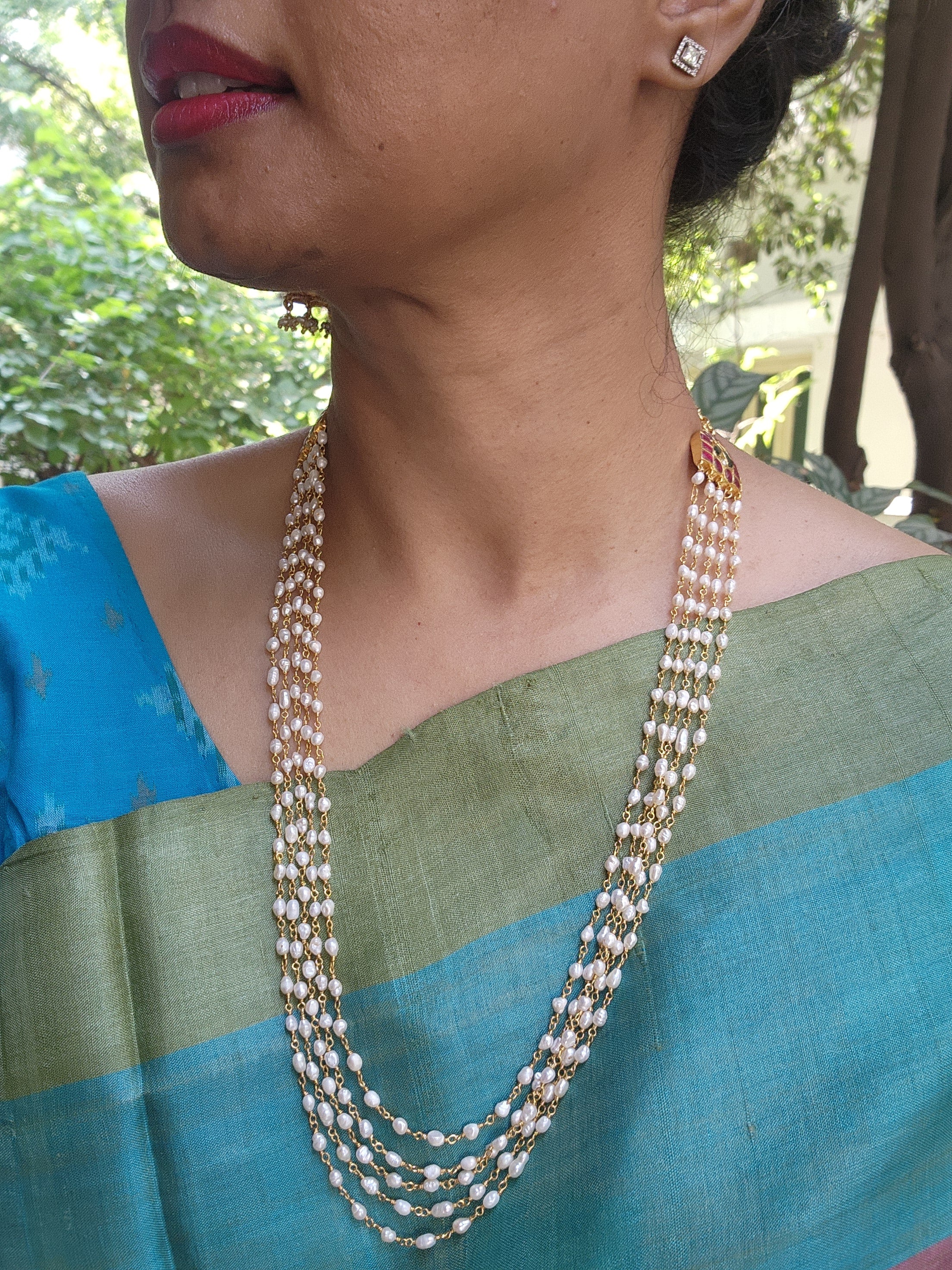 Rice pearls long mala with kundan motifs-Silver Neckpiece-PL-House of Taamara
