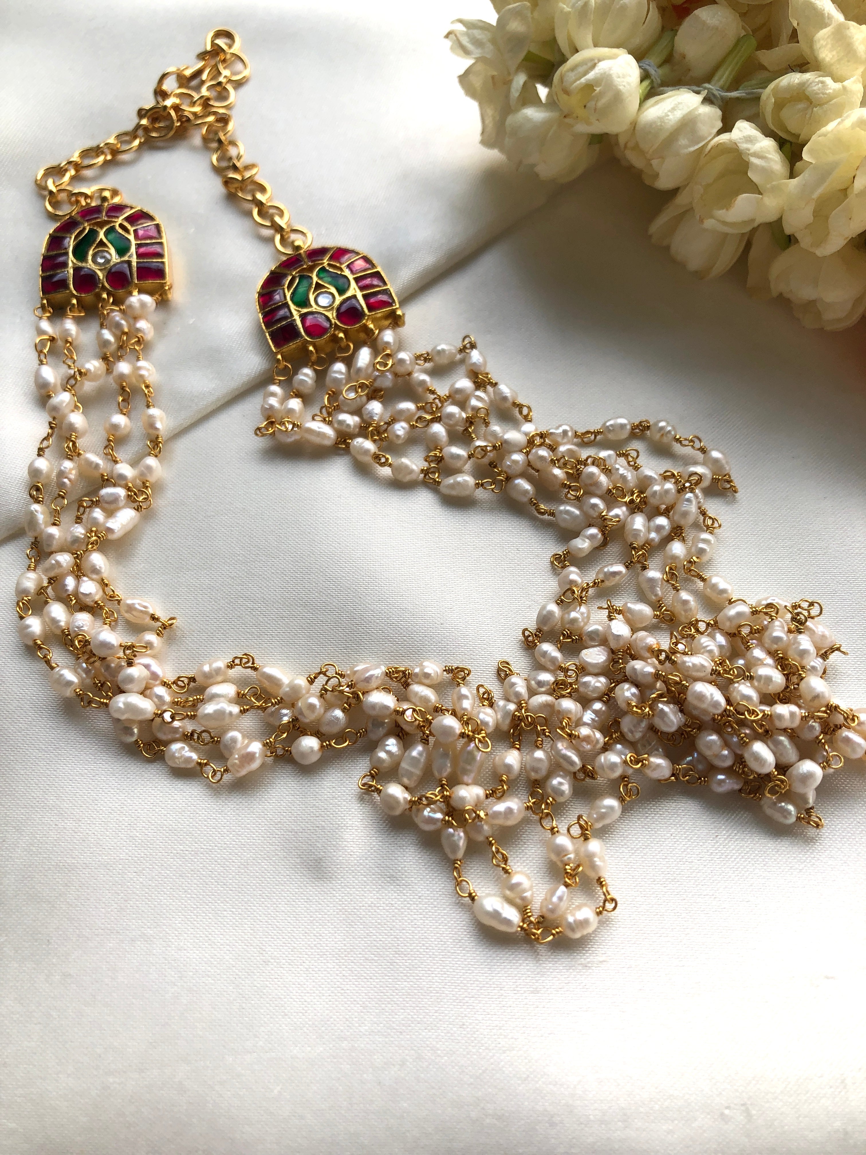 Rice pearls long mala with kundan side mope-Silver Neckpiece-PL-House of Taamara