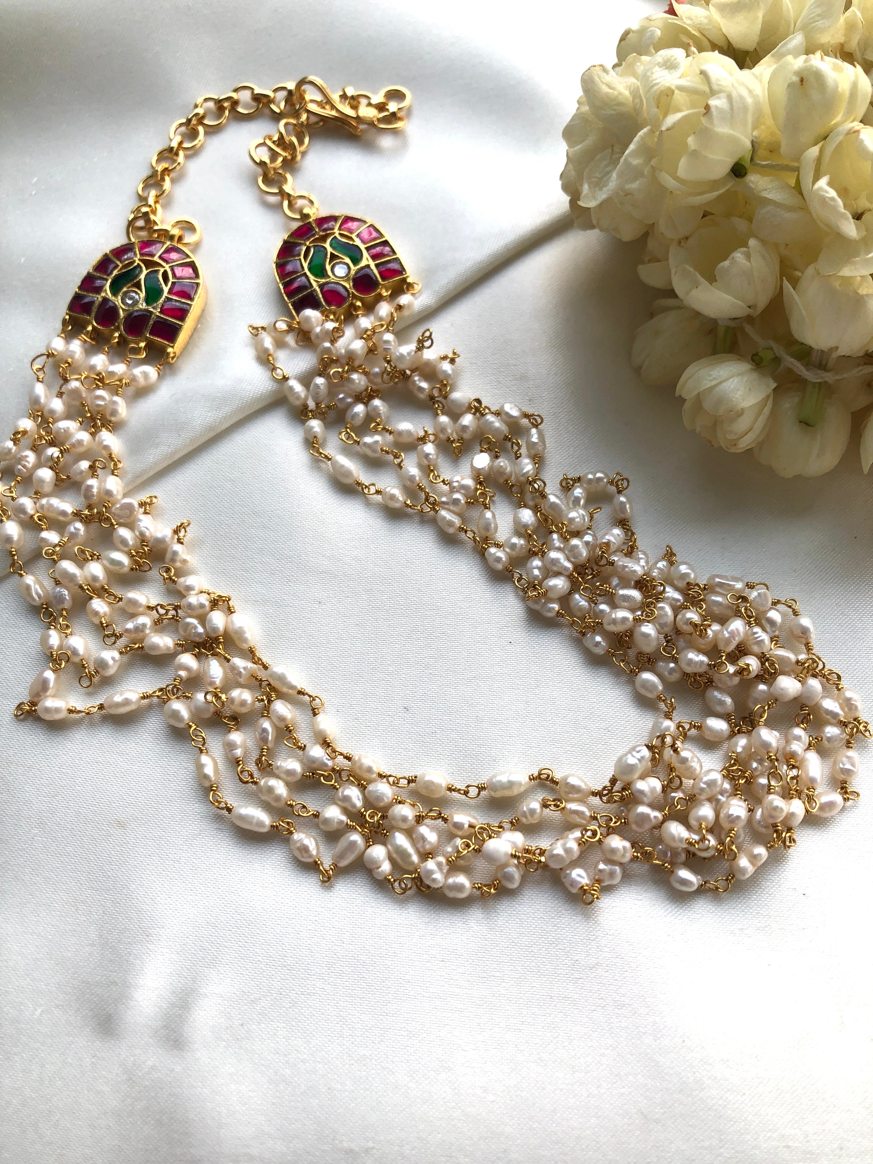Rice pearls long mala with kundan side mope-Silver Neckpiece-PL-House of Taamara