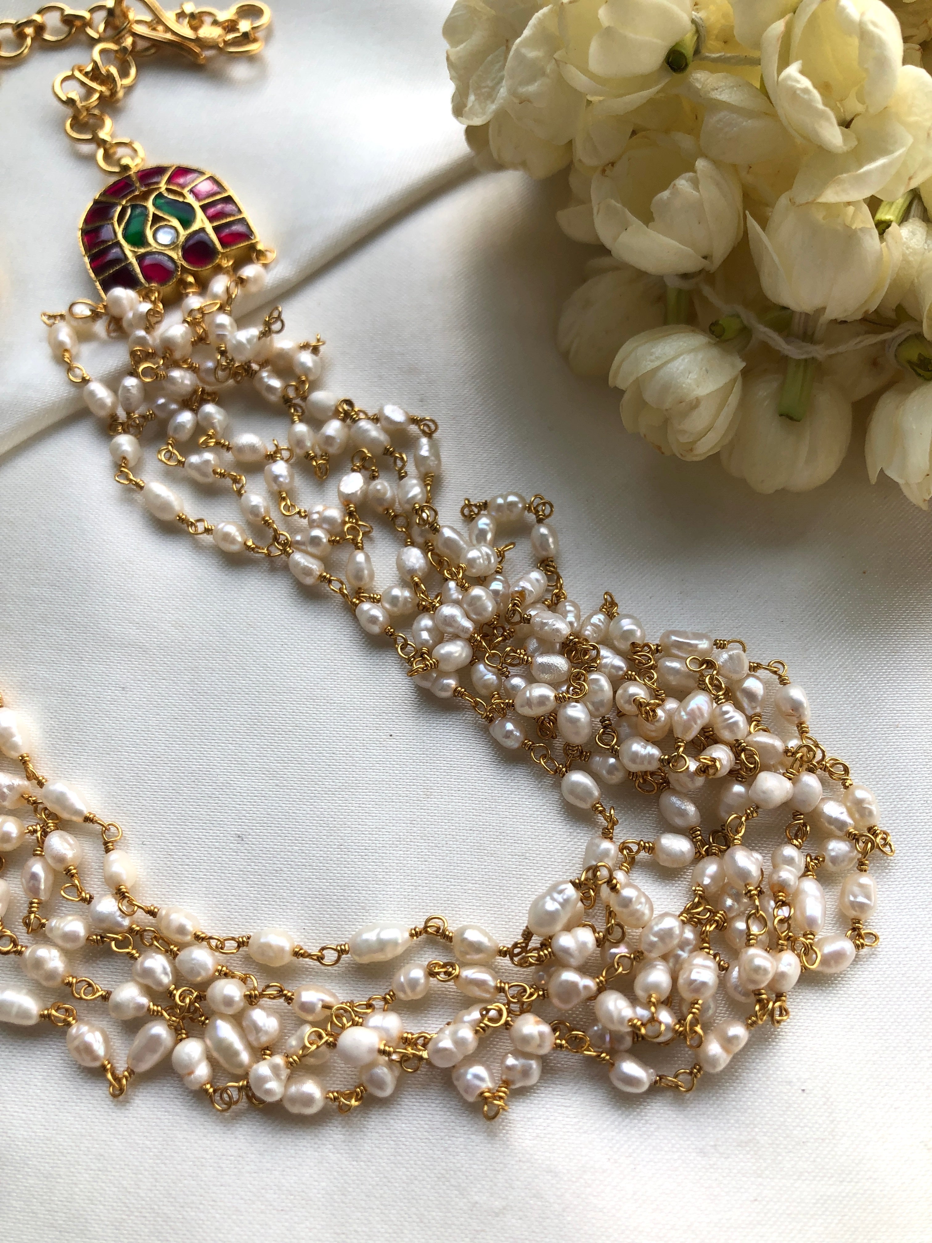 Rice pearls long mala with kundan side mope-Silver Neckpiece-PL-House of Taamara