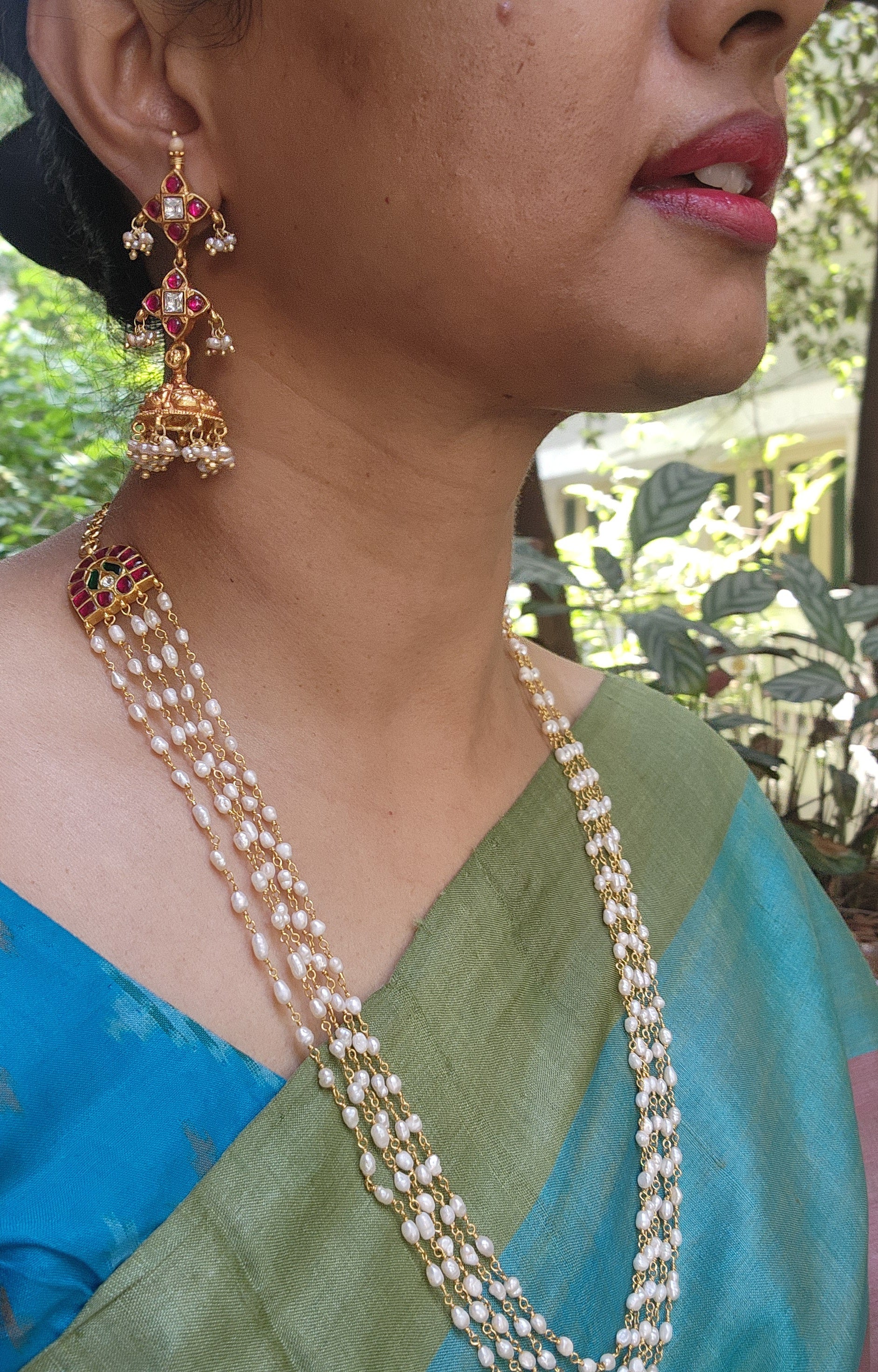 Rice pearls long mala with kundan side mope-Silver Neckpiece-PL-House of Taamara