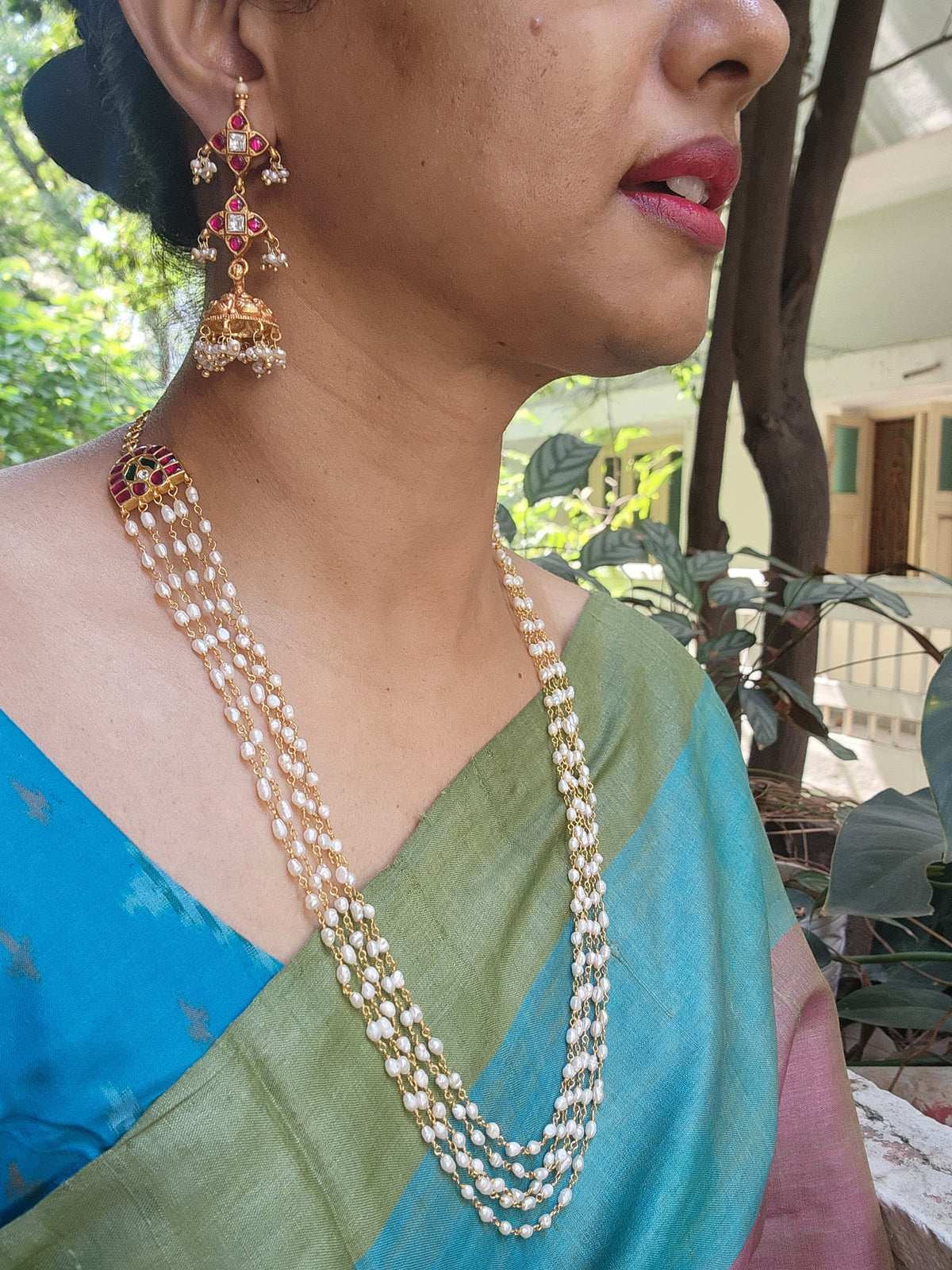 Rice pearls long mala with kundan side mope-Silver Neckpiece-PL-House of Taamara