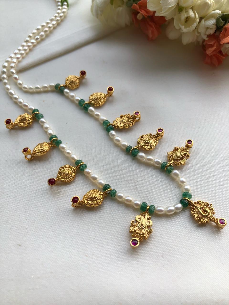 Rice pearls mala with antique style drops-Silver Neckpiece-PL-House of Taamara