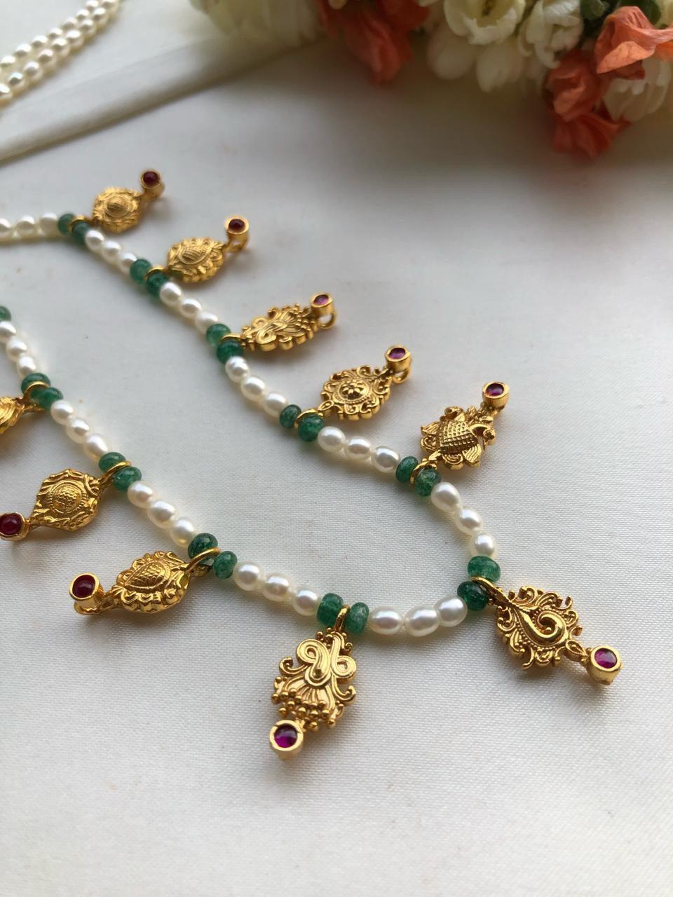 Rice pearls mala with antique style drops-Silver Neckpiece-PL-House of Taamara
