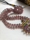 Rose quartz mala with agate and intricate kundan pendant-Silver Neckpiece-PL-House of Taamara