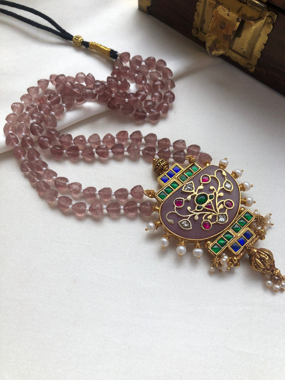 Rose quartz mala with agate and intricate kundan pendant-Silver Neckpiece-PL-House of Taamara