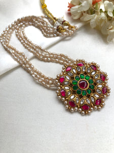 Round Kundan pendant with antique rice pearls mala-Silver Neckpiece-PL-House of Taamara