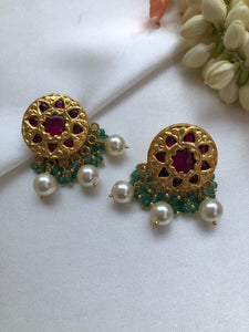 Round antique studds with ruby stone & pearls with green beads-Earrings-PL-House of Taamara