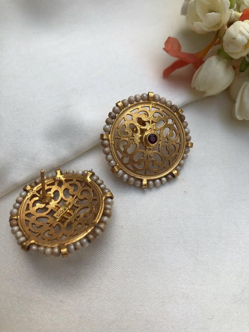 Round antique studs with pearls & ruby-Earrings-PL-House of Taamara