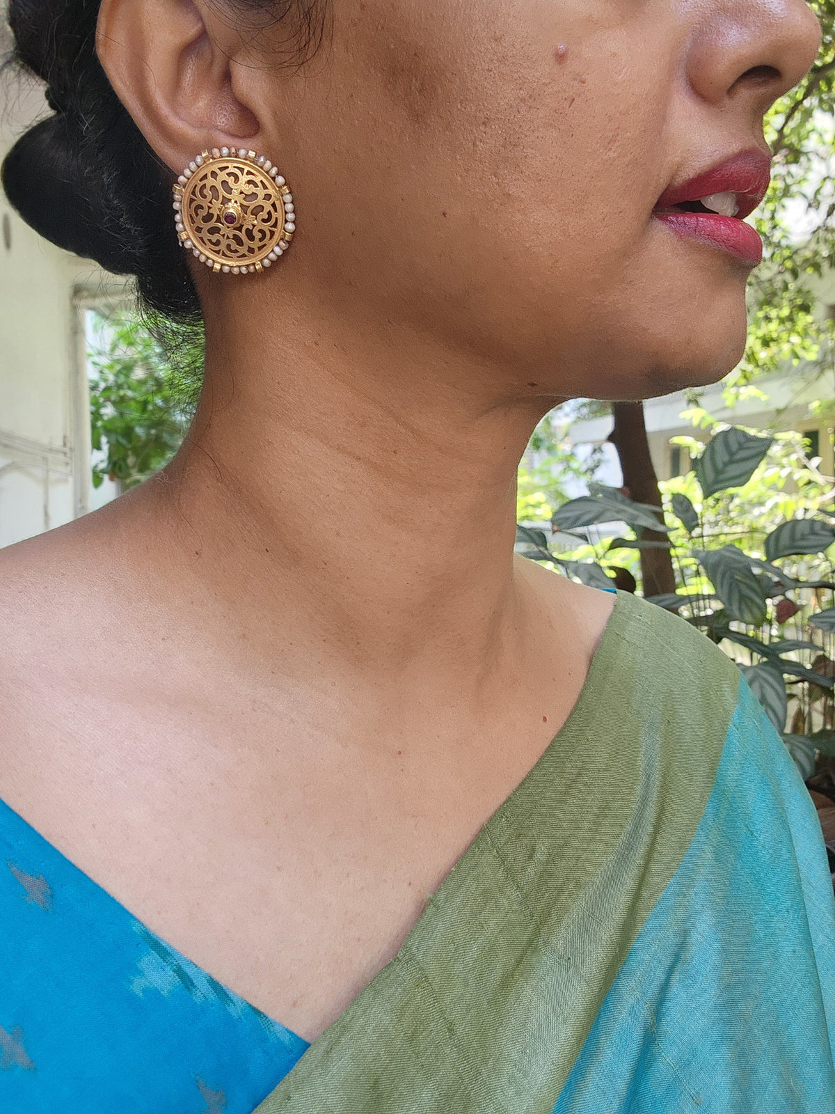 Round antique studs with pearls & ruby-Earrings-PL-House of Taamara