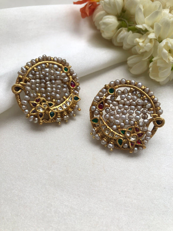 Round antique style earrings with intricate pearls stringing-Earrings-PL-House of Taamara