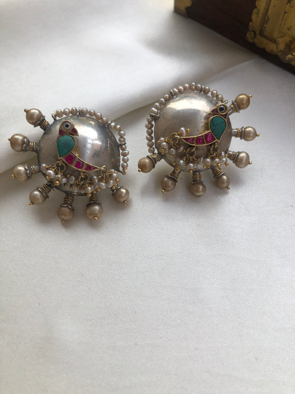 Round earring with kundan ruby/turquoise parrot big studs-Earrings-PL-House of Taamara