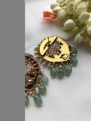 Round intricate pearl work & kundan peacock with green beads-Earrings-PL-House of Taamara