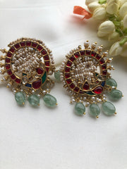 Round intricate pearl work & kundan peacock with green beads-Earrings-PL-House of Taamara