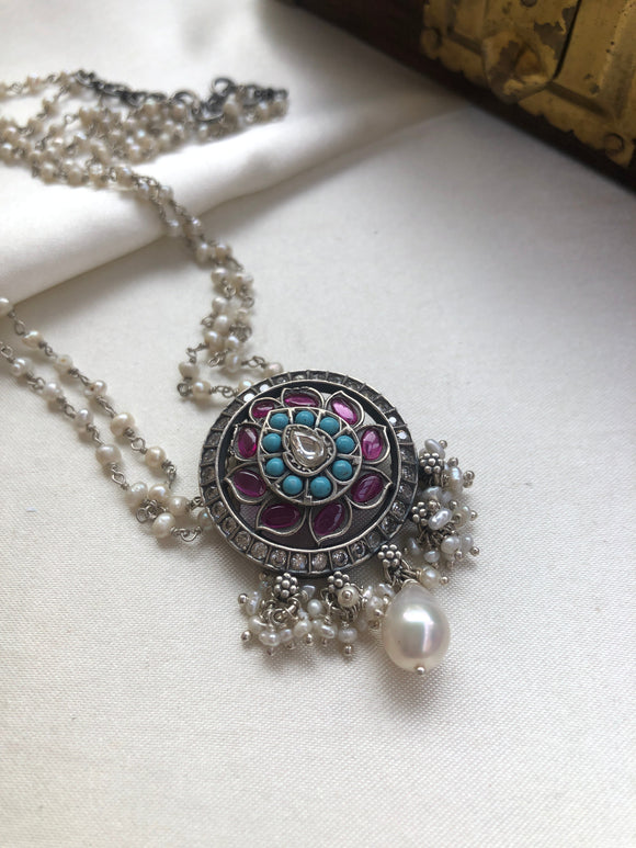 Round kemp & turquoise round pendant with pearls mala-Silver Neckpiece-PL-House of Taamara