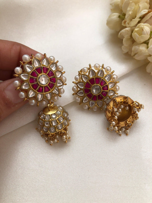 Round kundan ruby and pearls all around jhumkas-Earrings-PL-House of Taamara
