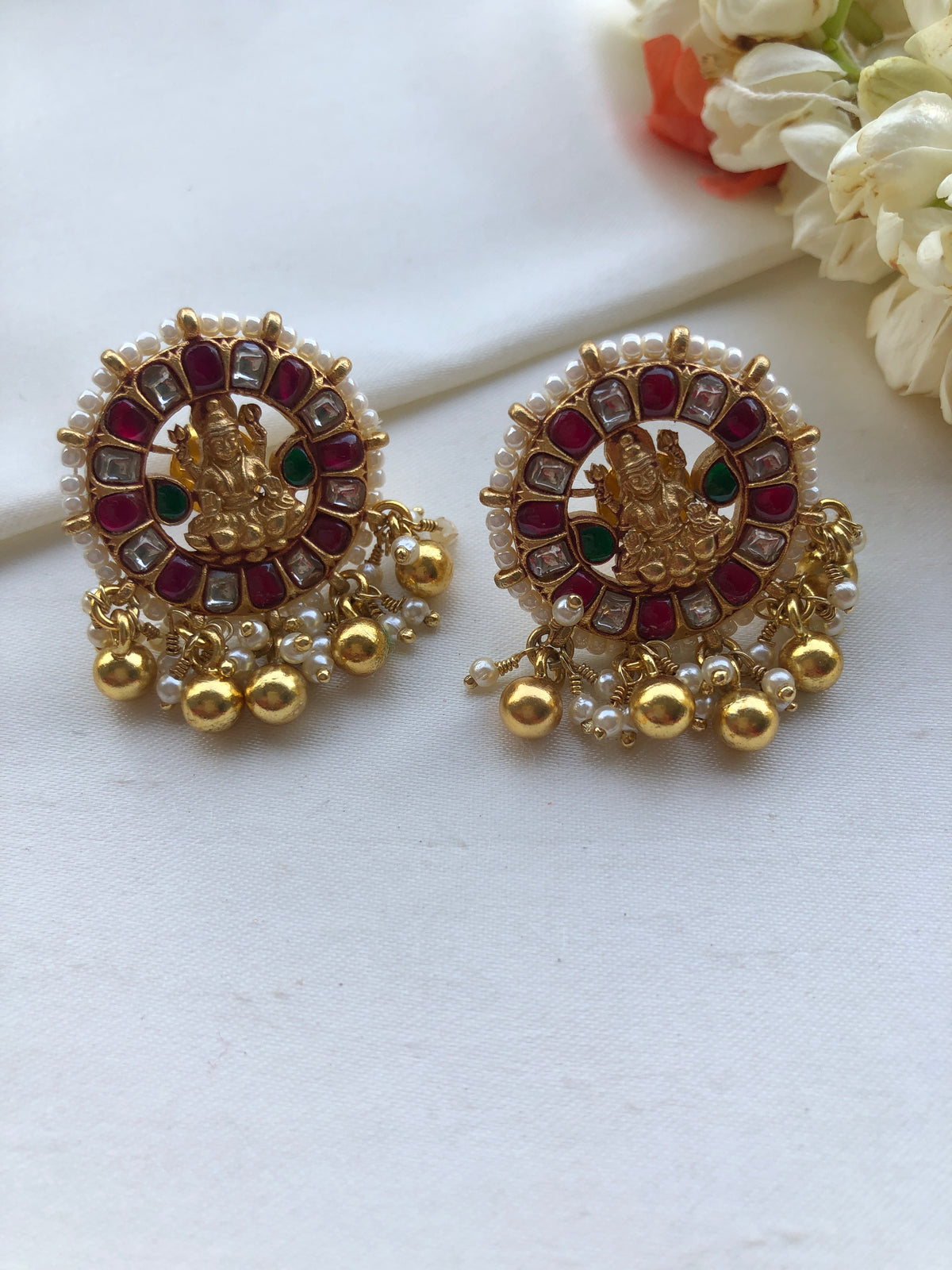 Round ruby & Green Lakshmi earrings with pearls bunch-Earrings-PL-House of Taamara