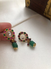 Round ruby & green kundan with green pumkin bead-Earrings-PL-House of Taamara
