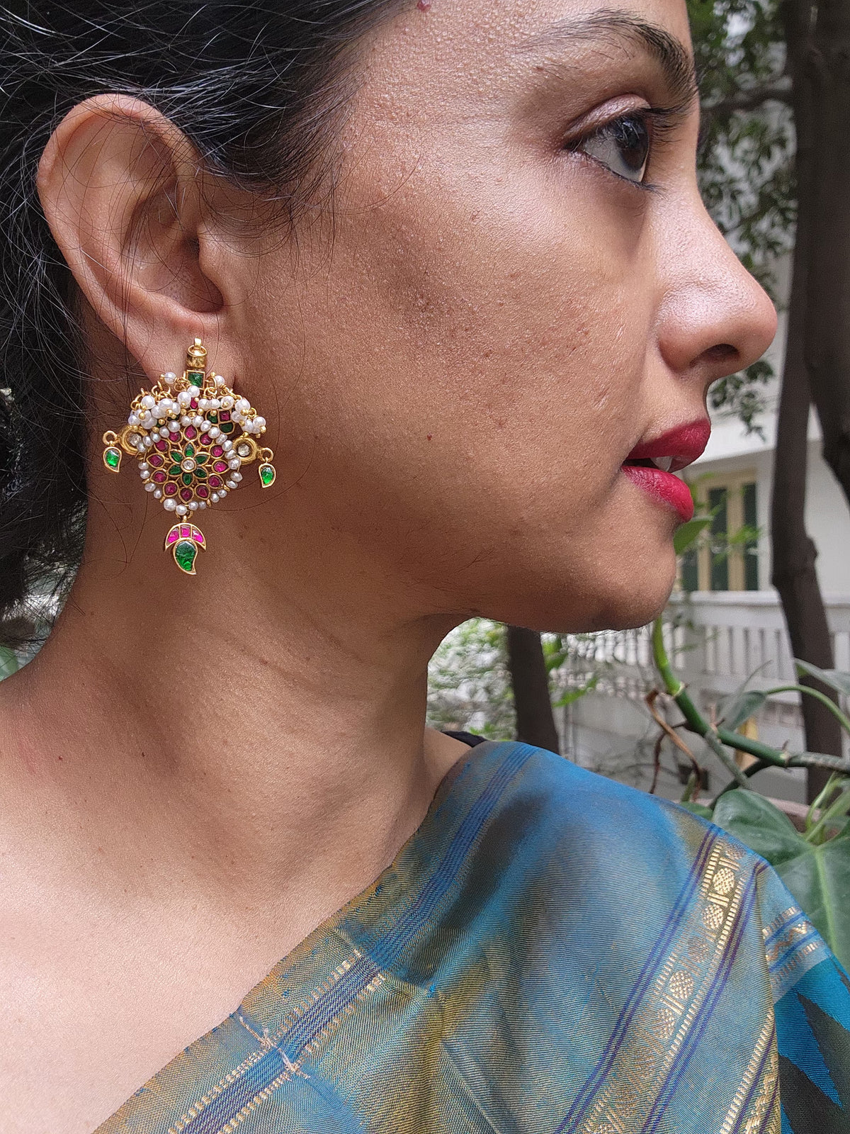 Ruby and green Kundan earrings with intricate pearls-Earrings-PL-House of Taamara