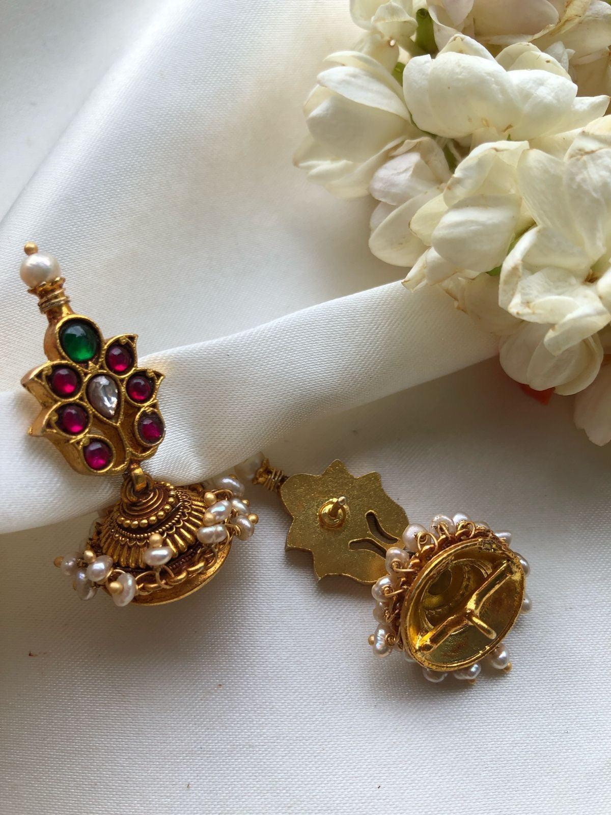 Ruby and green jhumkas-Earrings-PL-House of Taamara
