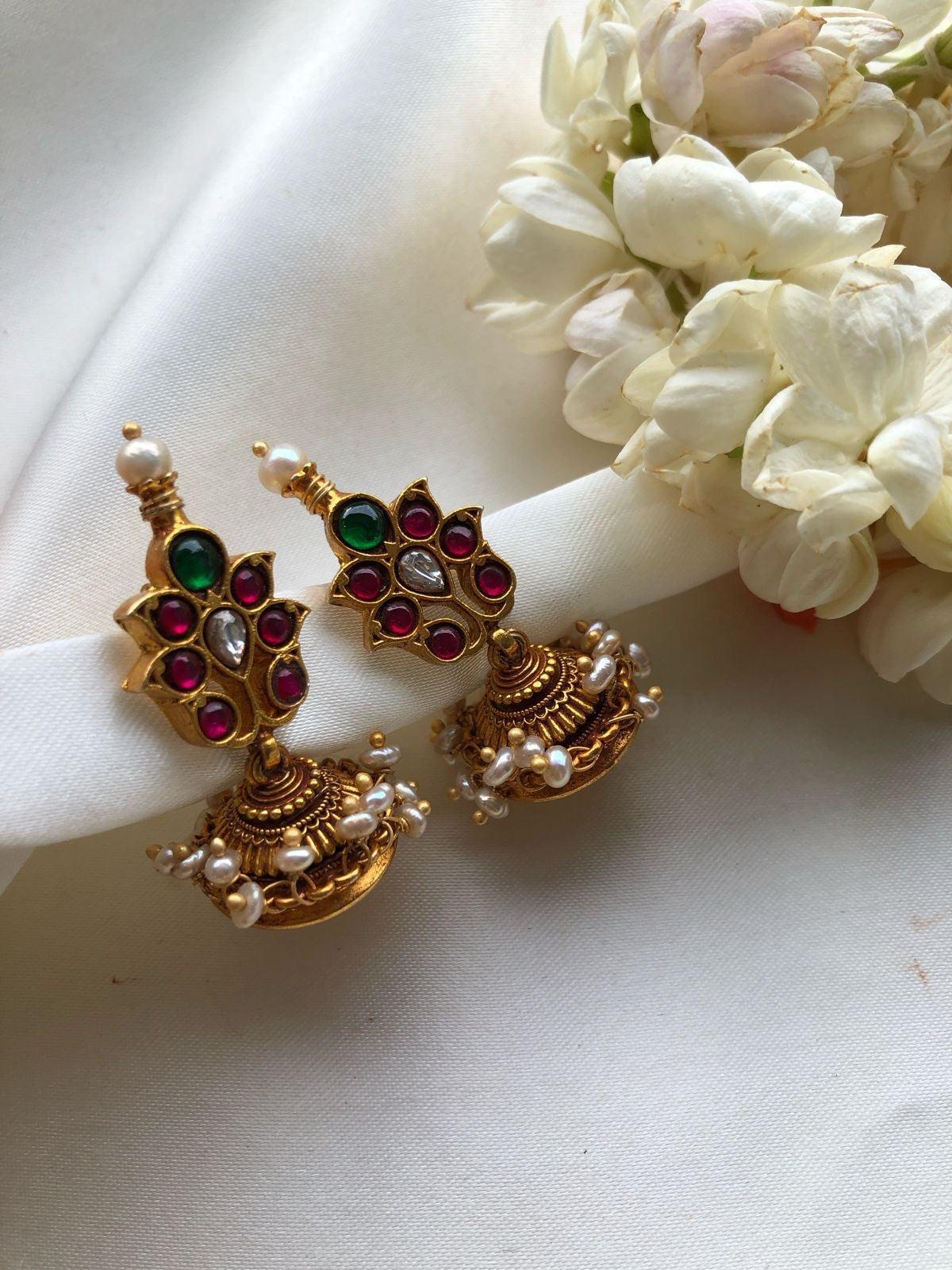 Ruby and green jhumkas-Earrings-PL-House of Taamara