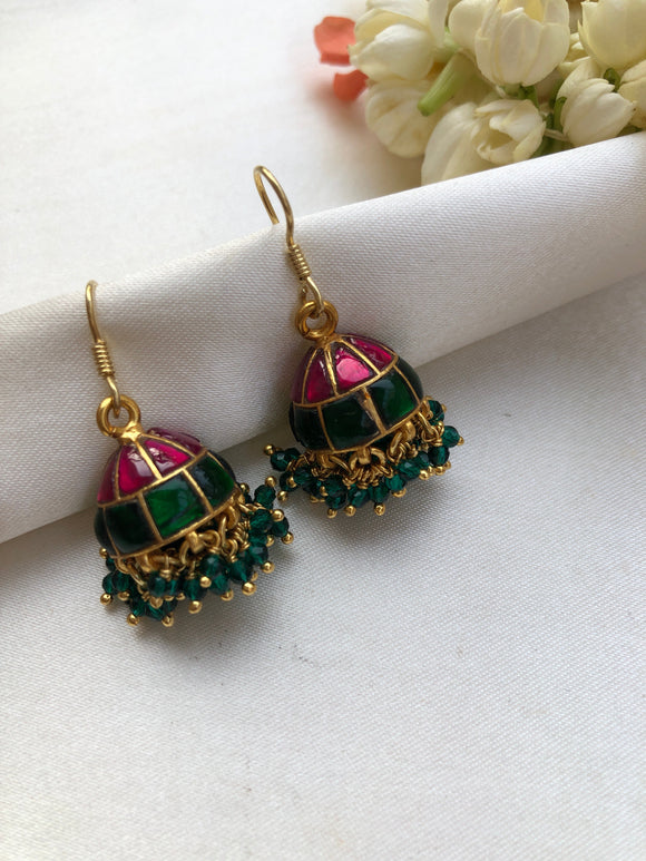 Ruby and green jhumkas with green beads-Earrings-PL-House of Taamara