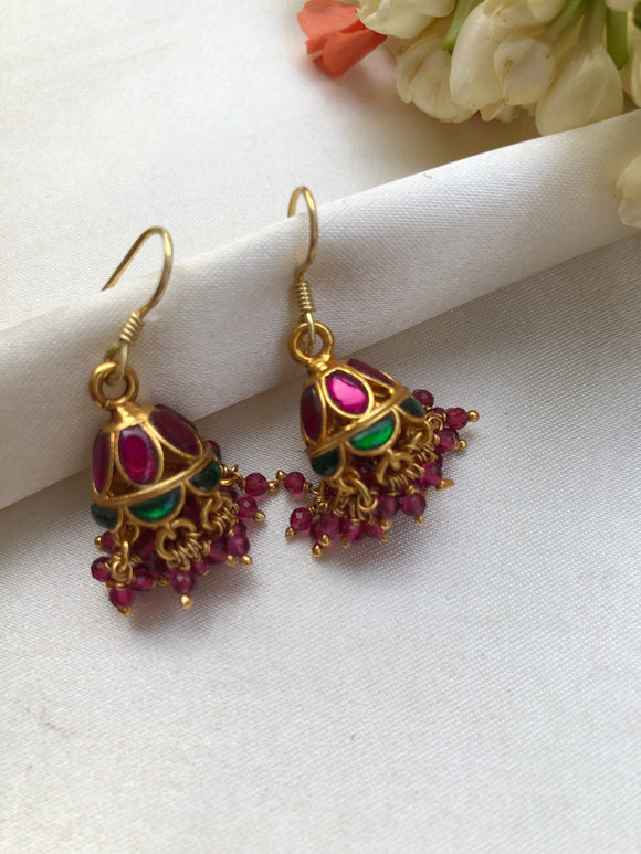 Ruby and green jhumkas with pink beads-Earrings-PL-House of Taamara