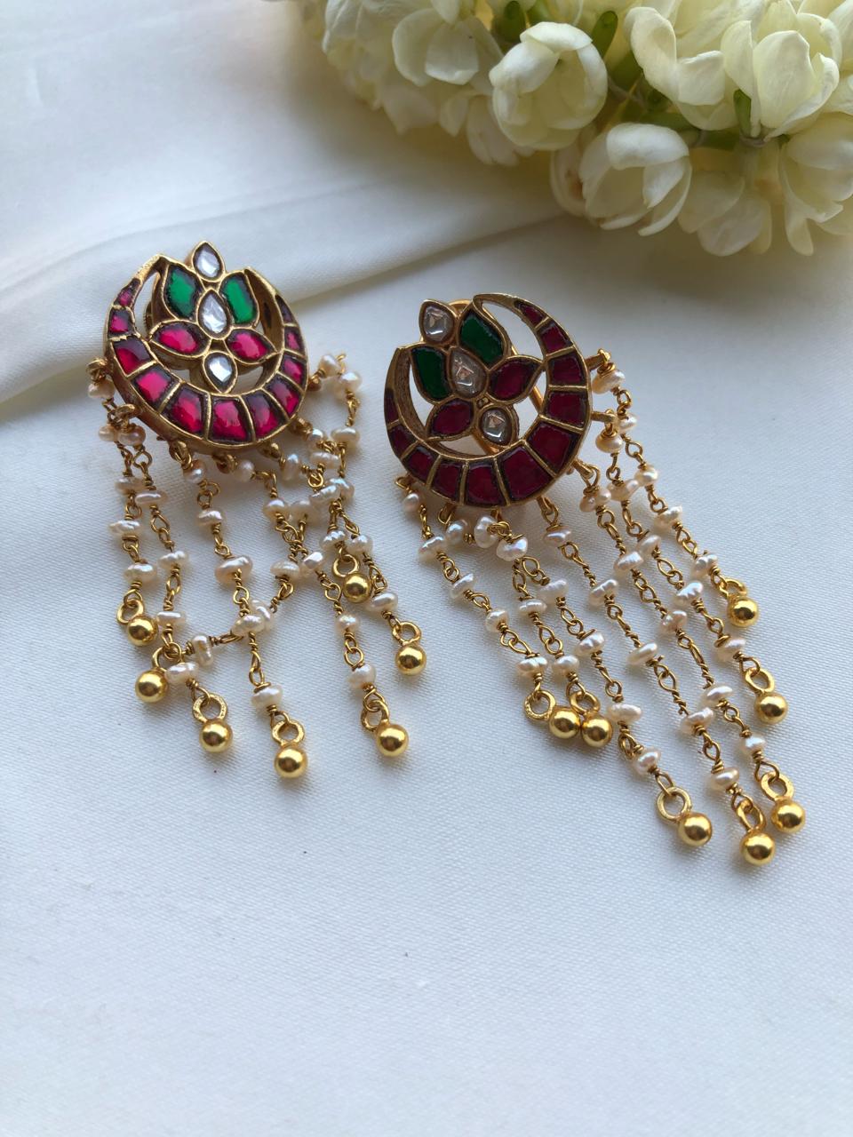 Ruby and green kundan earrings with long earrings-Earrings-PL-House of Taamara