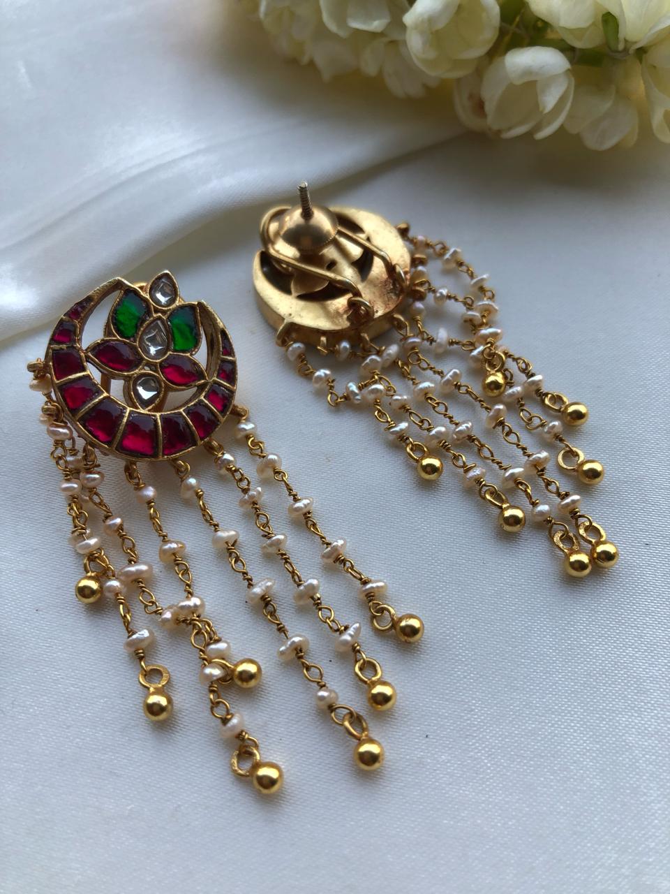 Ruby and green kundan earrings with long earrings-Earrings-PL-House of Taamara