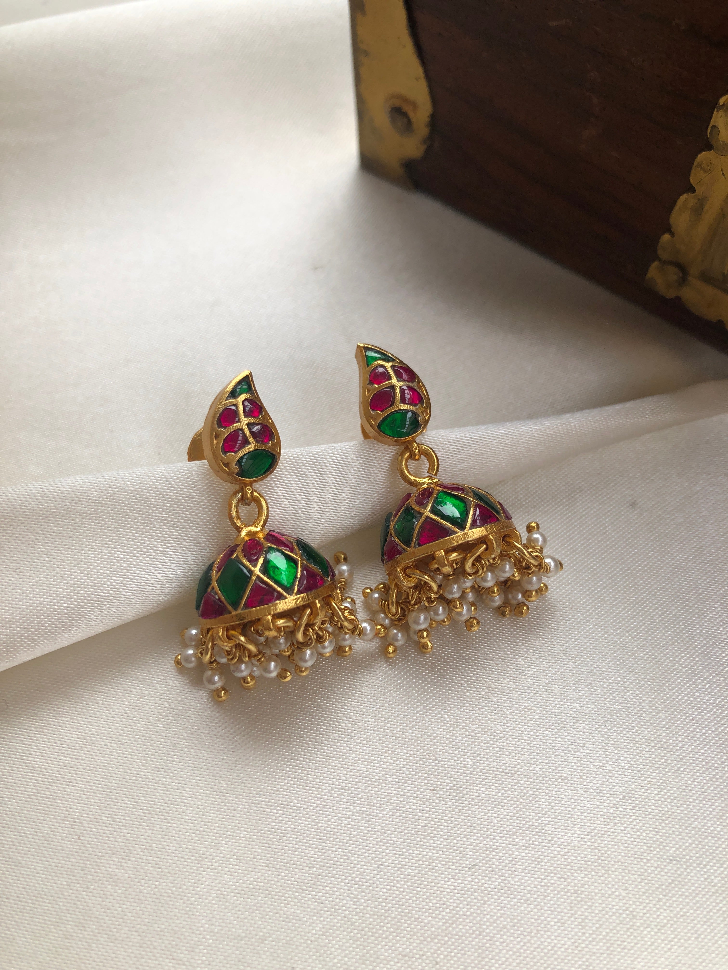 Ruby and green paisley jhumkas-Earrings-PL-House of Taamara