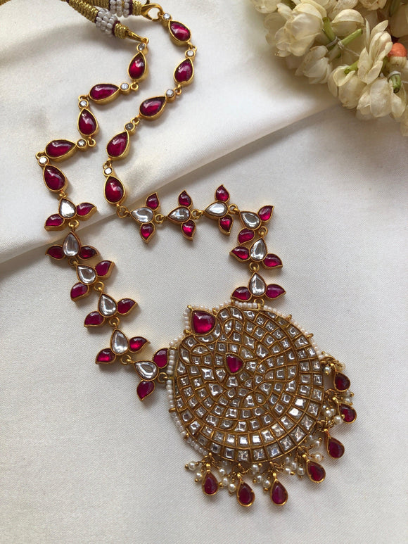 Ruby and kundan chand pendant with kundan mala-Silver Neckpiece-PL-House of Taamara