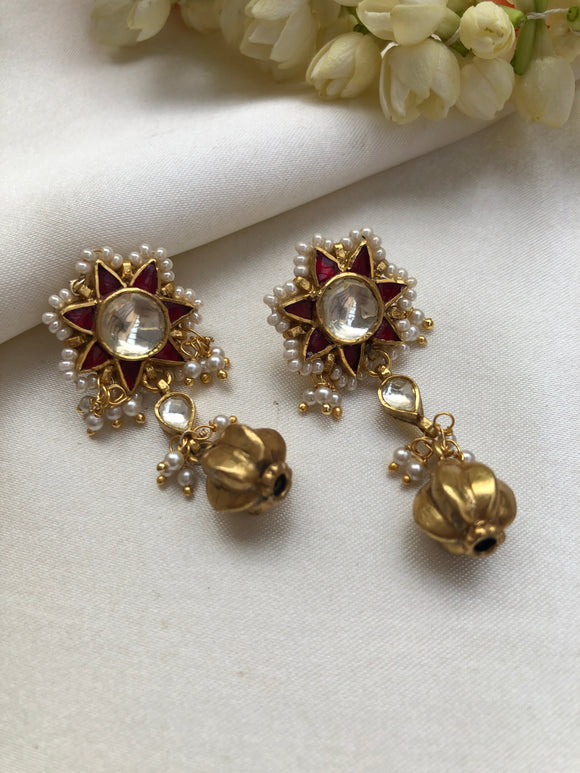 Ruby and kundan pearl earrings with antique style bead-Earrings-PL-House of Taamara