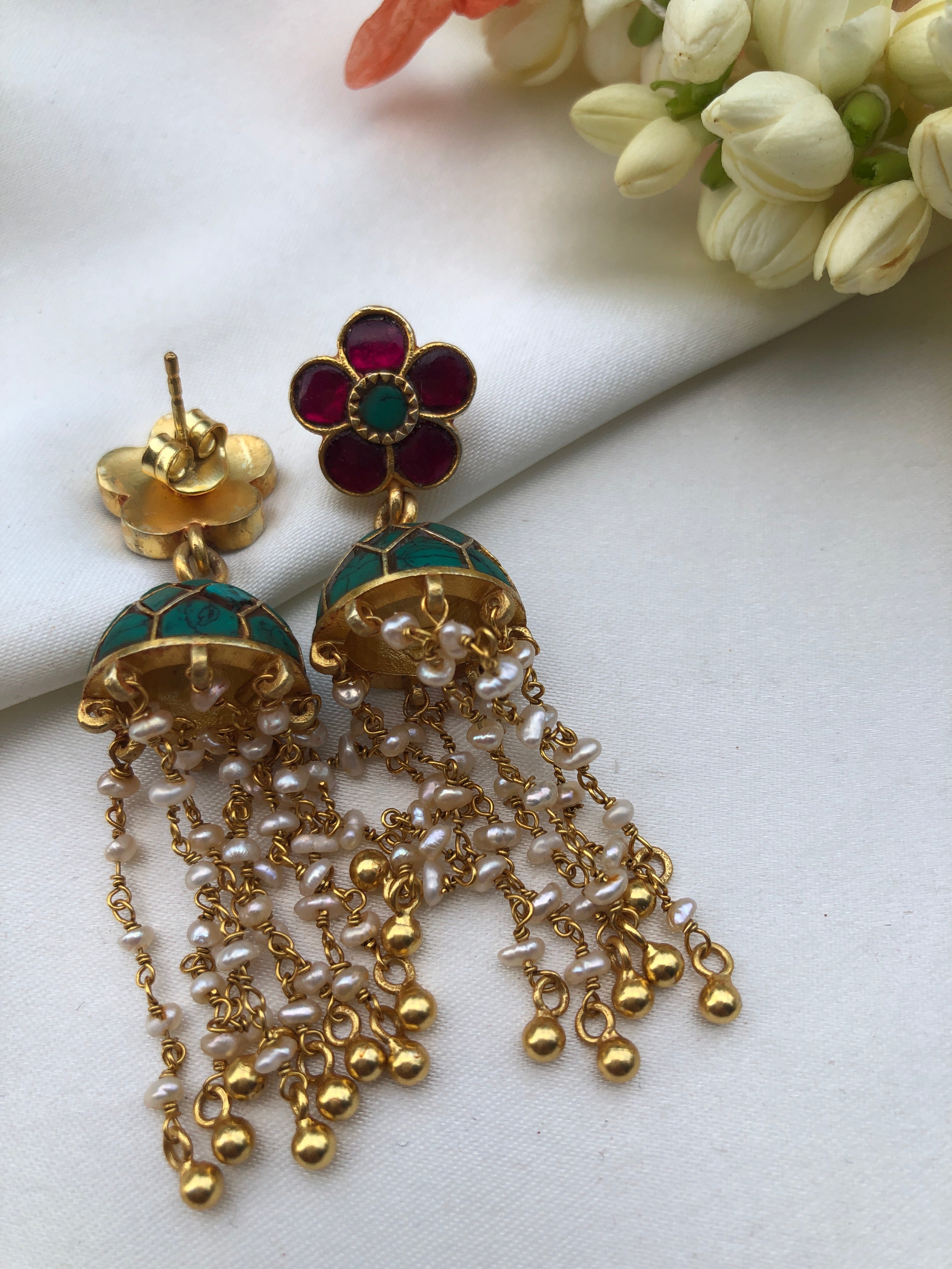 Ruby and turquoise Jhumkas with pearls long earrings-Earrings-PL-House of Taamara