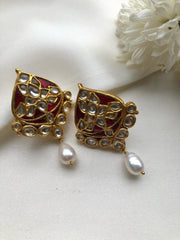 Ruby earrings with enamel and pearl drop-Earrings-PL-House of Taamara