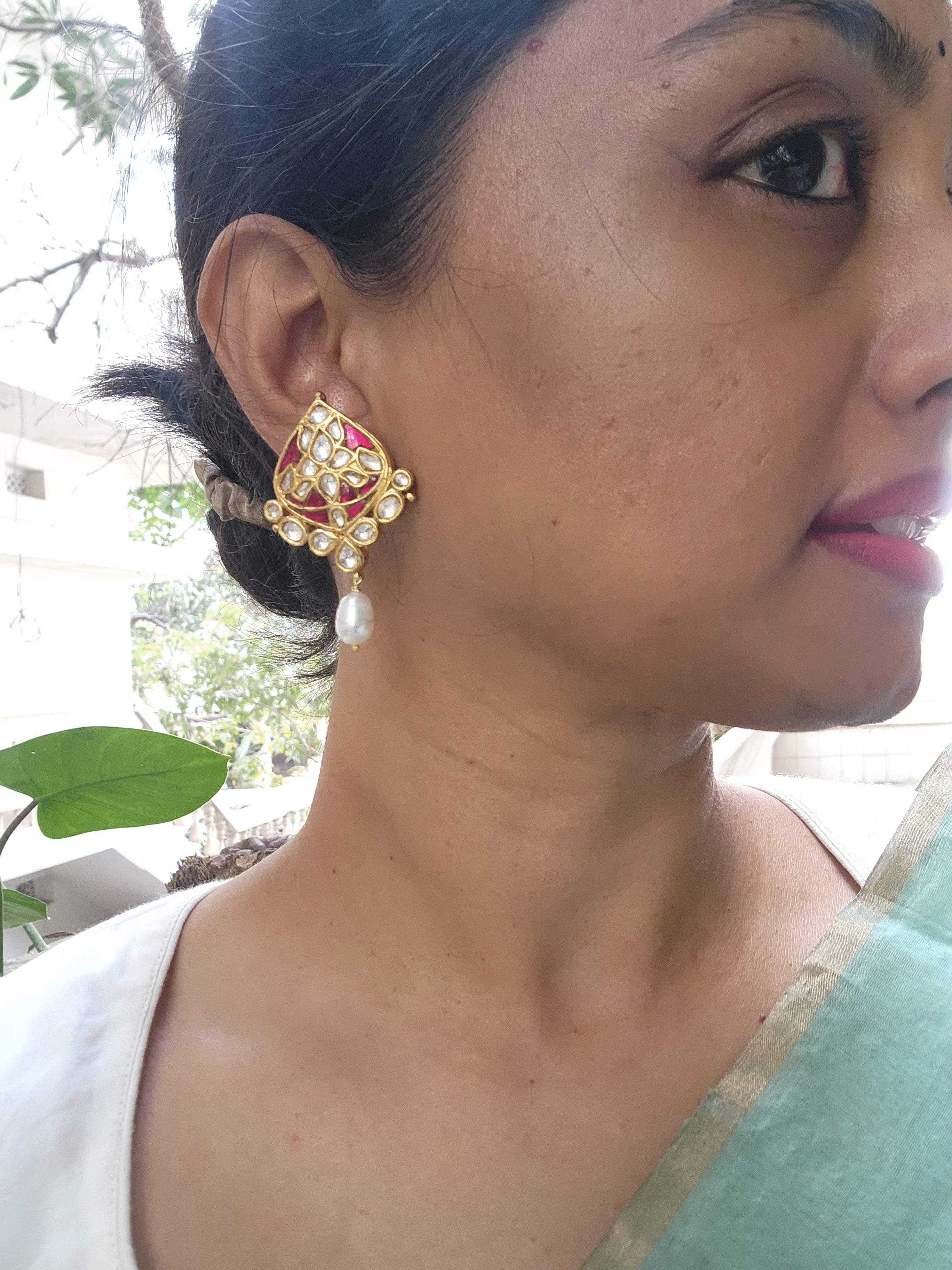 Ruby earrings with enamel and pearl drop-Earrings-PL-House of Taamara