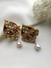 Ruby earrings with enamel and pearl drop-Earrings-PL-House of Taamara