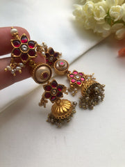 Ruby earrings with jhumkas and pearl bunch-Earrings-PL-House of Taamara