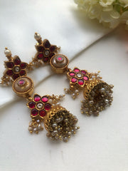 Ruby earrings with jhumkas and pearl bunch-Earrings-PL-House of Taamara