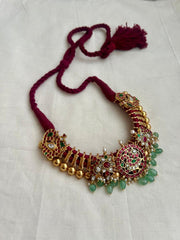 Ruby & emerald peacock stringed choker with pearls & jade beads-Silver Neckpiece-CI-House of Taamara