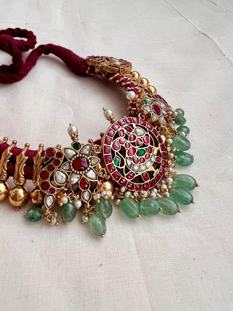 Ruby & emerald peacock stringed choker with pearls & jade beads-Silver Neckpiece-CI-House of Taamara