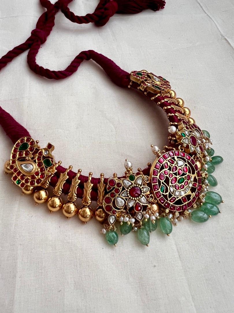 Ruby & emerald peacock stringed choker with pearls & jade beads-Silver Neckpiece-CI-House of Taamara