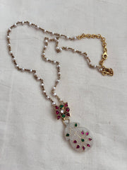 Ruby & emerald pendant chain with kundan inlay work on natural jade stone-Silver Neckpiece-CI-House of Taamara