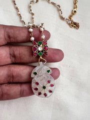 Ruby & emerald pendant chain with kundan inlay work on natural jade stone-Silver Neckpiece-CI-House of Taamara