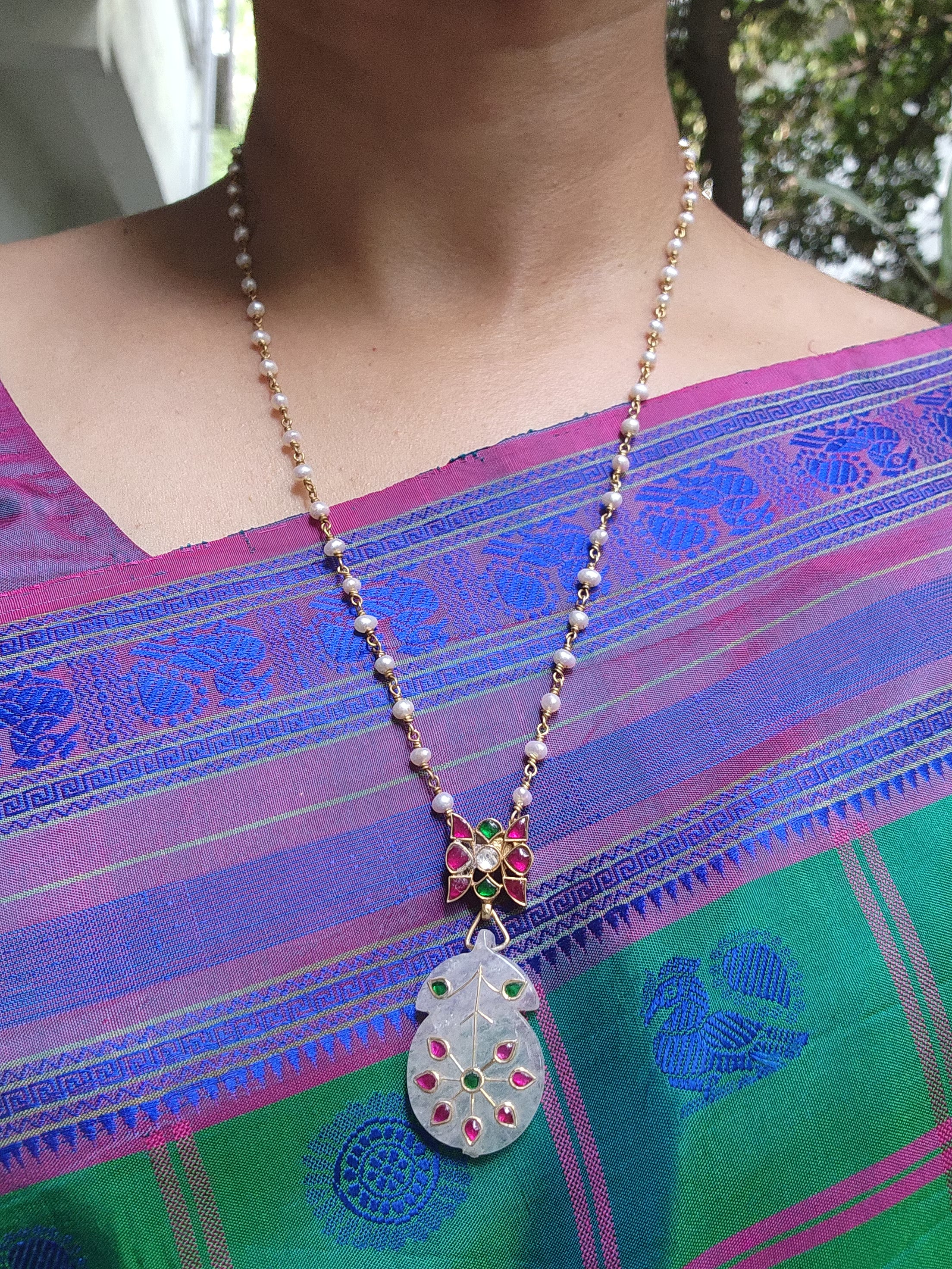 Ruby & emerald pendant chain with kundan inlay work on natural jade stone-Silver Neckpiece-CI-House of Taamara